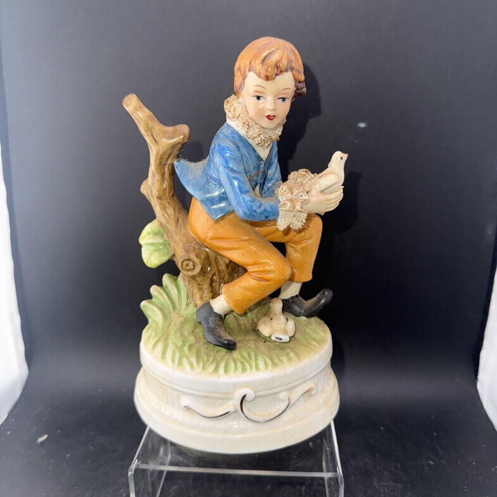 Vintage Berman Anderson Japan Boy Bird Music Box Porcelain Figurine Lace Trim